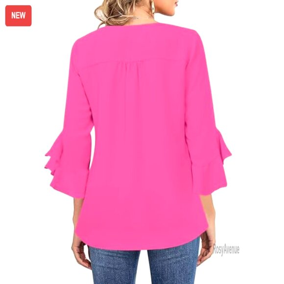 Ruffle 3/4 Sleeve V Neck Blouse Business Casual Tops Lightweight Fabric - Picture 2 of 7
